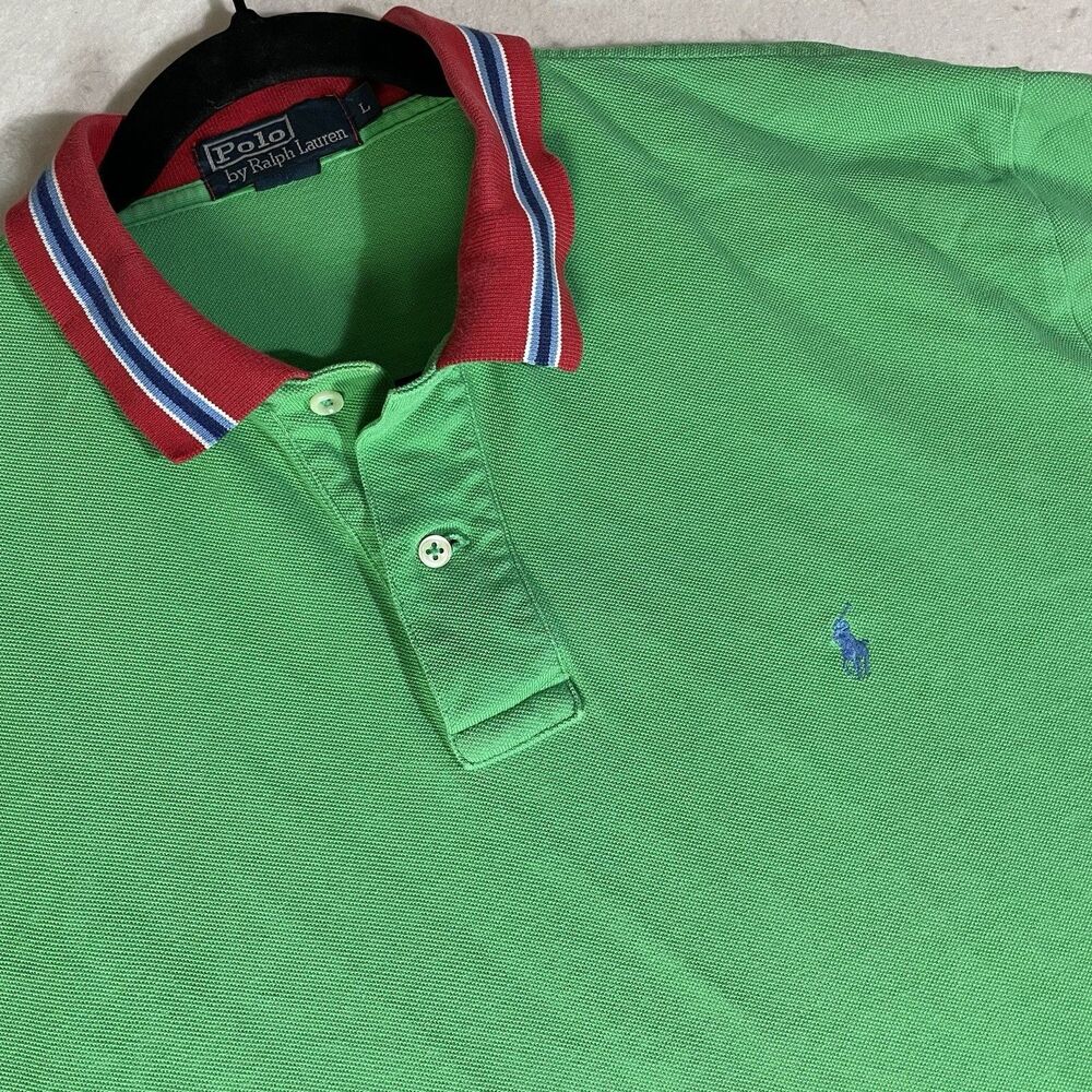 Polo Ralph Lauren Mens L Green Polo Shirt Red White Collar Short Sleeve